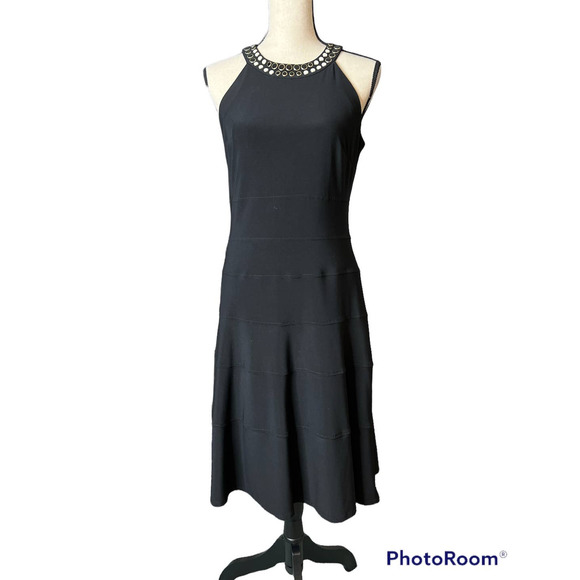 Anne Klein Black Midi Dress with Beaded Halter Neckline Size 4 - Picture 1 of 6